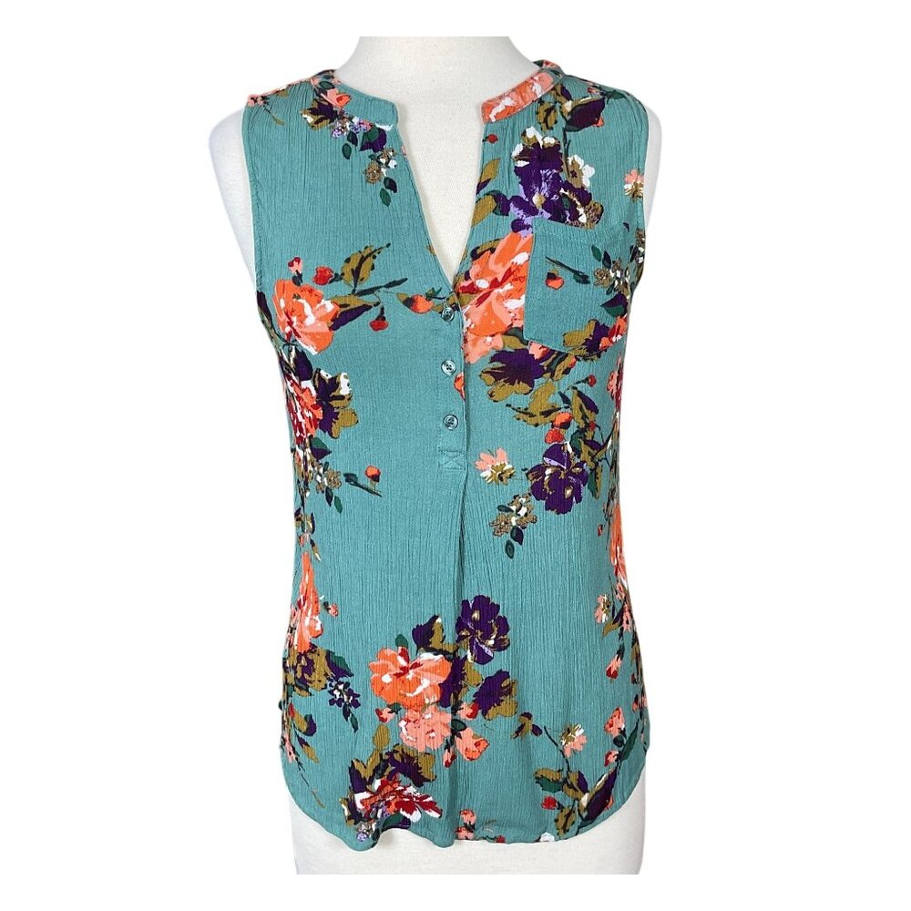 Market & Spruce Prat Henley Sleeveless Turquoise Gauzy Floral Blouse Med